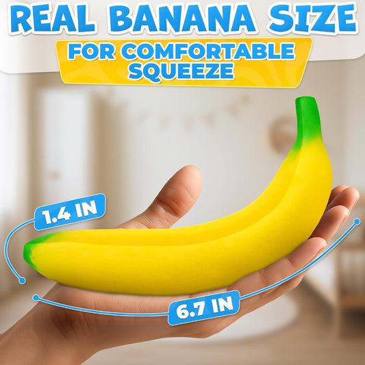 Banana Squishy, 6.7 x 1.4 in, Polyurethane Foam | Gag Gift for Coworkers & Roommates; Squishy Banana Fidget for Desk, Dorm & Backpack; Fake Fruit Prank; Returns Shape; Yellow