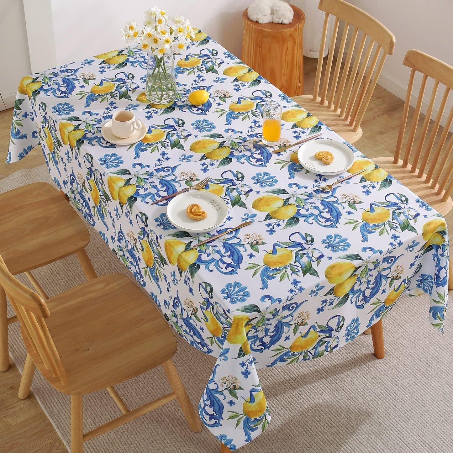 Lemon Tablecloth Washable Summer Table Cloth Printed with Lemons Flower Waterproof Spillproof Polyester Table Cover for Dinner Table Holiday Decoration (Rectangle, 52" x 70")