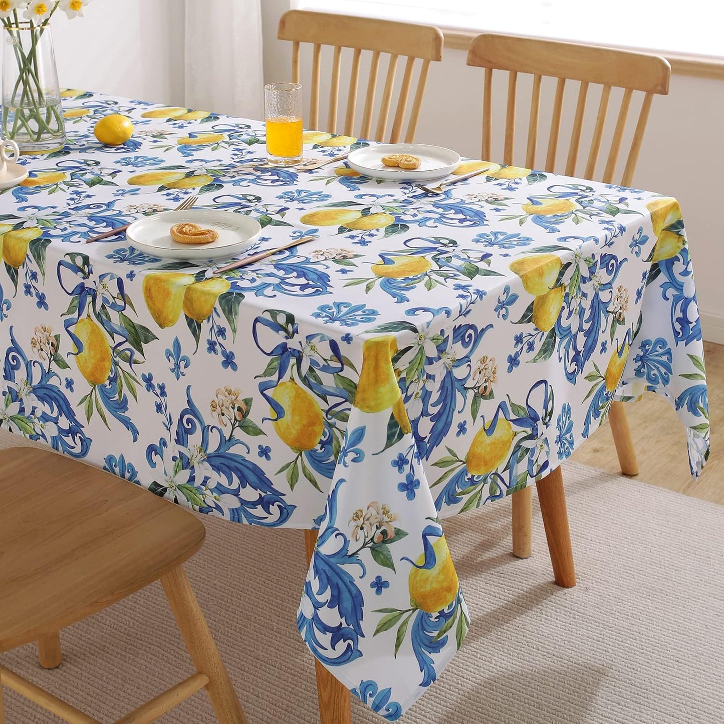 Lemon Tablecloth Washable Summer Table Cloth Printed with Lemons Flower Waterproof Spillproof Polyester Table Cover for Dinner Table Holiday Decoration (Rectangle, 52" x 70")