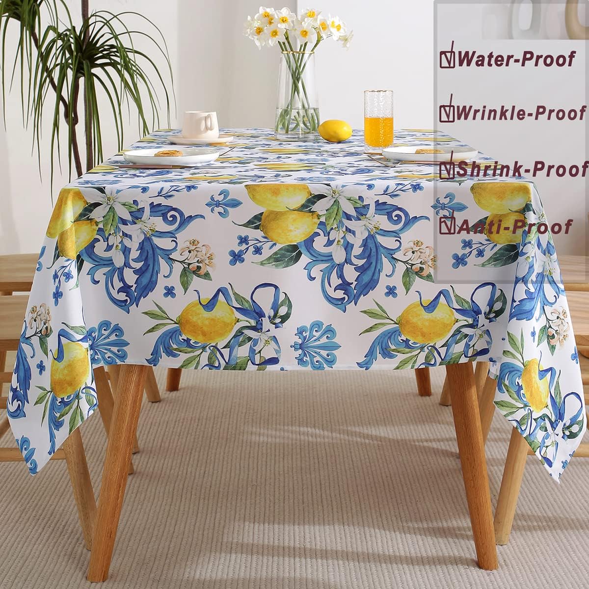 Lemon Tablecloth Washable Summer Table Cloth Printed with Lemons Flower Waterproof Spillproof Polyester Table Cover for Dinner Table Holiday Decoration (Rectangle, 52" x 70")