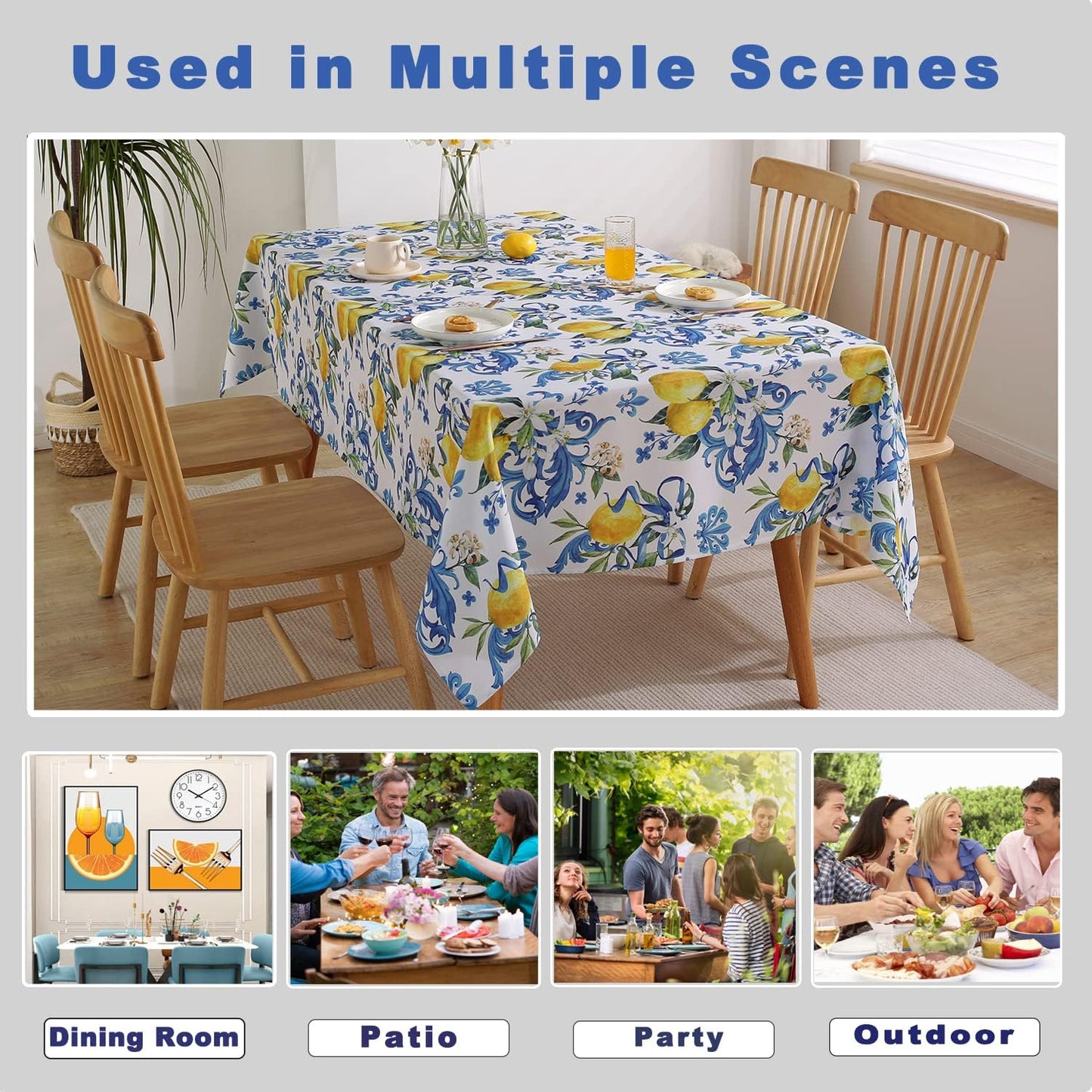 Lemon Tablecloth Washable Summer Table Cloth Printed with Lemons Flower Waterproof Spillproof Polyester Table Cover for Dinner Table Holiday Decoration (Rectangle, 52" x 70")