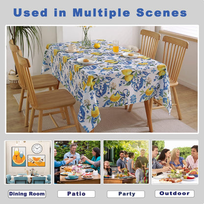 Lemon Tablecloth Washable Summer Table Cloth Printed with Lemons Flower Waterproof Spillproof Polyester Table Cover for Dinner Table Holiday Decoration (Rectangle, 52" x 70")