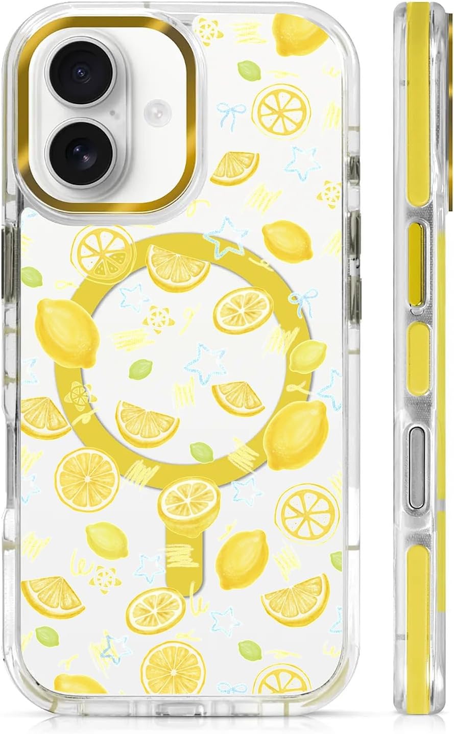 Magnetic Case for iPhone 17, Crystal Clear Phone Cover, Magnetic Charging Compatible, Anti-Yellowing Shockproof Drop Protection Aesthetic Phone Case for Women Girls, Bright Lemon Summer