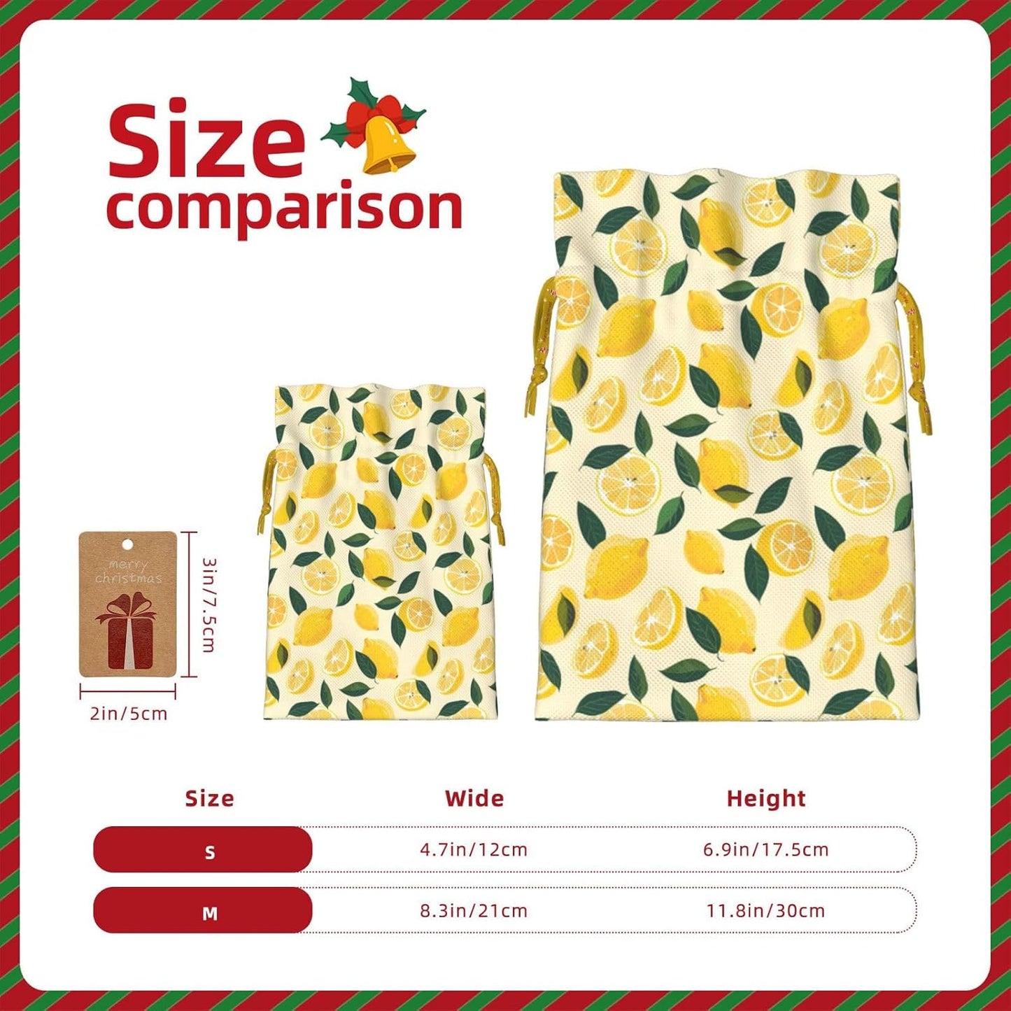 Fun Lemon Slices And Lemons For Christmas Drawstring Gift Bags, 4.7"x6.9" Holiday Gift Wrapping Bag For Xmas Holiday Present Wrapping & Festival Party Supplies