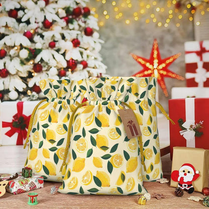 Fun Lemon Slices And Lemons For Christmas Drawstring Gift Bags, 4.7"x6.9" Holiday Gift Wrapping Bag For Xmas Holiday Present Wrapping & Festival Party Supplies