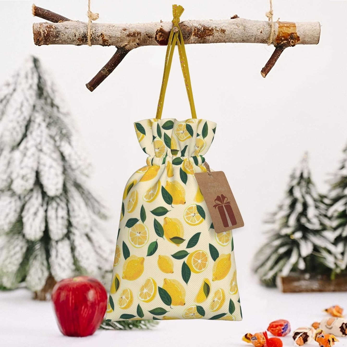 Fun Lemon Slices And Lemons For Christmas Drawstring Gift Bags, 4.7"x6.9" Holiday Gift Wrapping Bag For Xmas Holiday Present Wrapping & Festival Party Supplies
