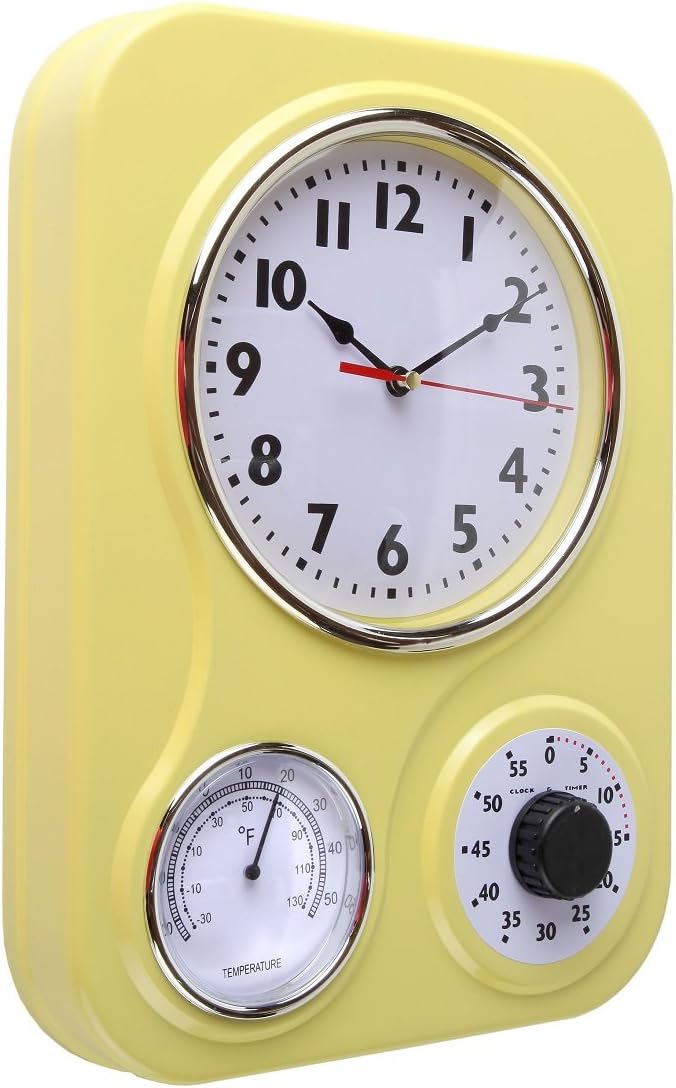 9 Inch x 12.5 Inch - Retro Kitchen Wall Clock, Vintage Wall Clock with a Thermometer and 60-Minute Timer, Ideal for Any Kitchen, Office, or Diner (Yellow)