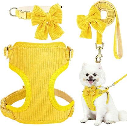 Small Dog Collar Harness and Leash Set, Dog Harness no Pull with Bowtie, Breathable Cotton Adjustable Pet Puppy Harness, Easy Walk Dog Harness, S(14–18.9")
