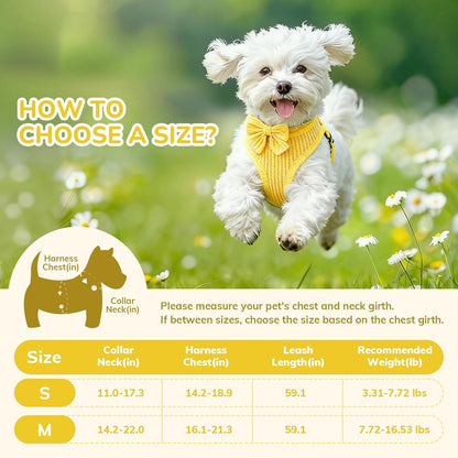 Small Dog Collar Harness and Leash Set, Dog Harness no Pull with Bowtie, Breathable Cotton Adjustable Pet Puppy Harness, Easy Walk Dog Harness, S(14–18.9")