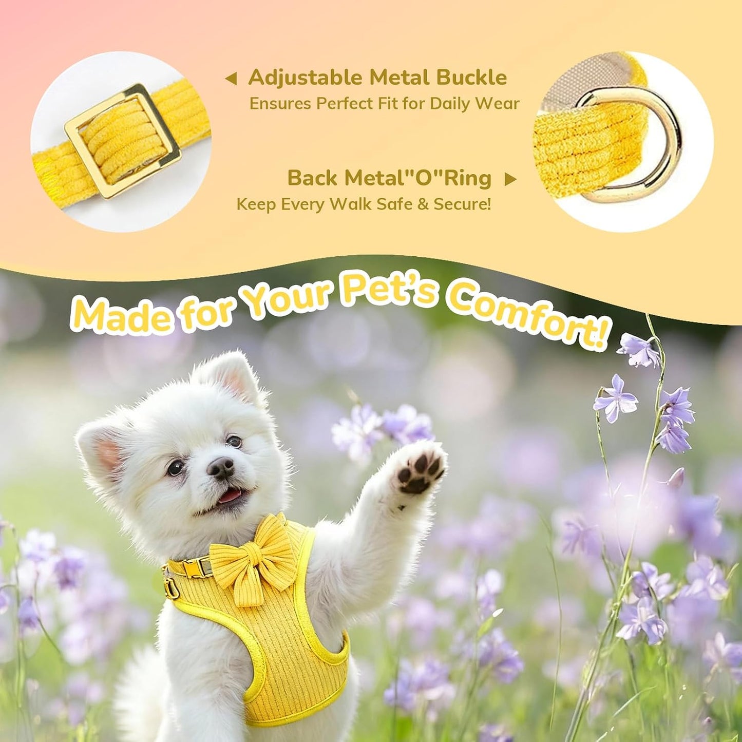 Small Dog Collar Harness and Leash Set, Dog Harness no Pull with Bowtie, Breathable Cotton Adjustable Pet Puppy Harness, Easy Walk Dog Harness, S(14–18.9")