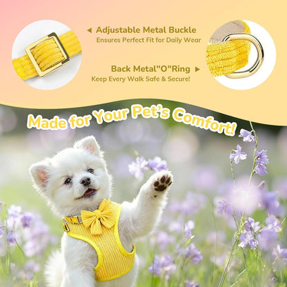 Small Dog Collar Harness and Leash Set, Dog Harness no Pull with Bowtie, Breathable Cotton Adjustable Pet Puppy Harness, Easy Walk Dog Harness, S(14–18.9")