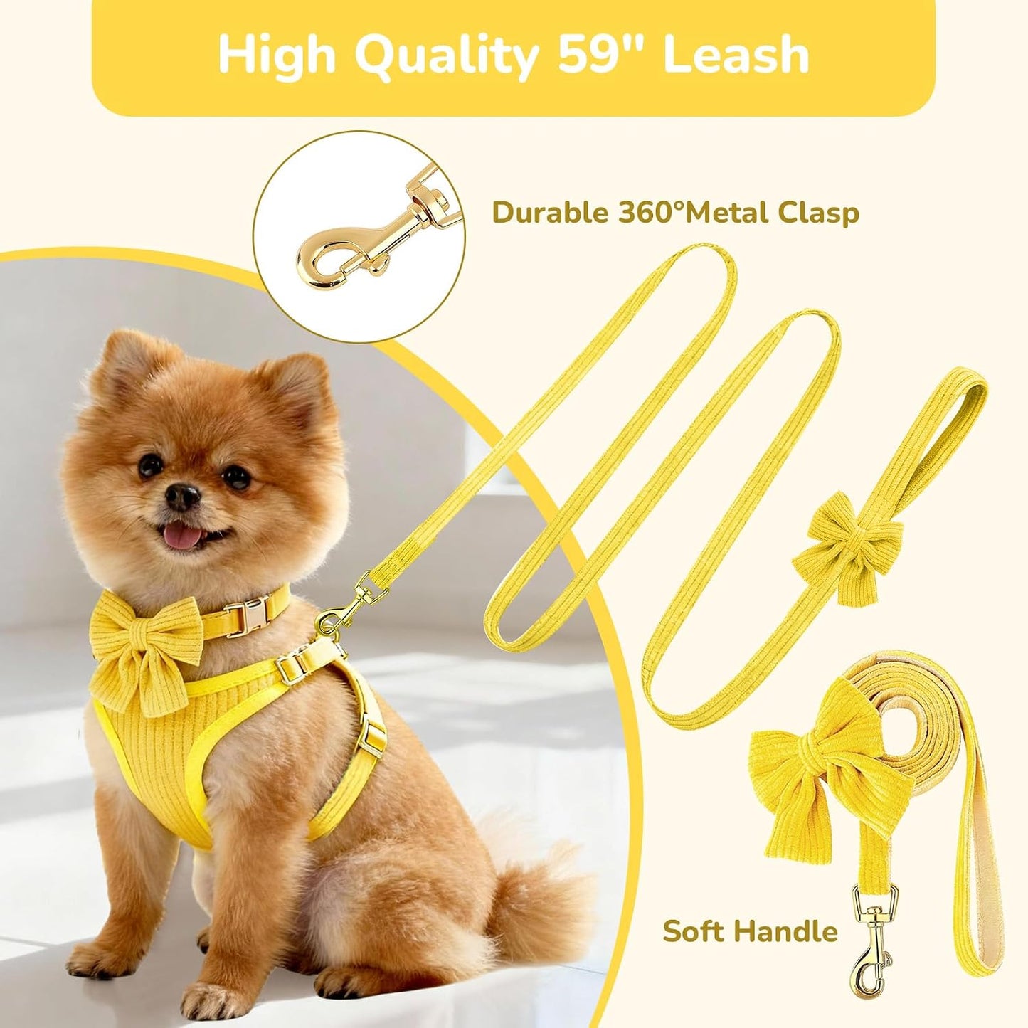 Small Dog Collar Harness and Leash Set, Dog Harness no Pull with Bowtie, Breathable Cotton Adjustable Pet Puppy Harness, Easy Walk Dog Harness, S(14–18.9")