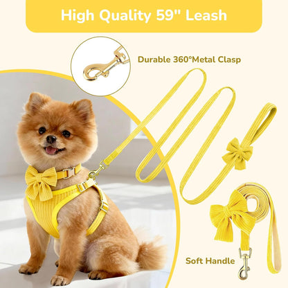 Small Dog Collar Harness and Leash Set, Dog Harness no Pull with Bowtie, Breathable Cotton Adjustable Pet Puppy Harness, Easy Walk Dog Harness, S(14–18.9")