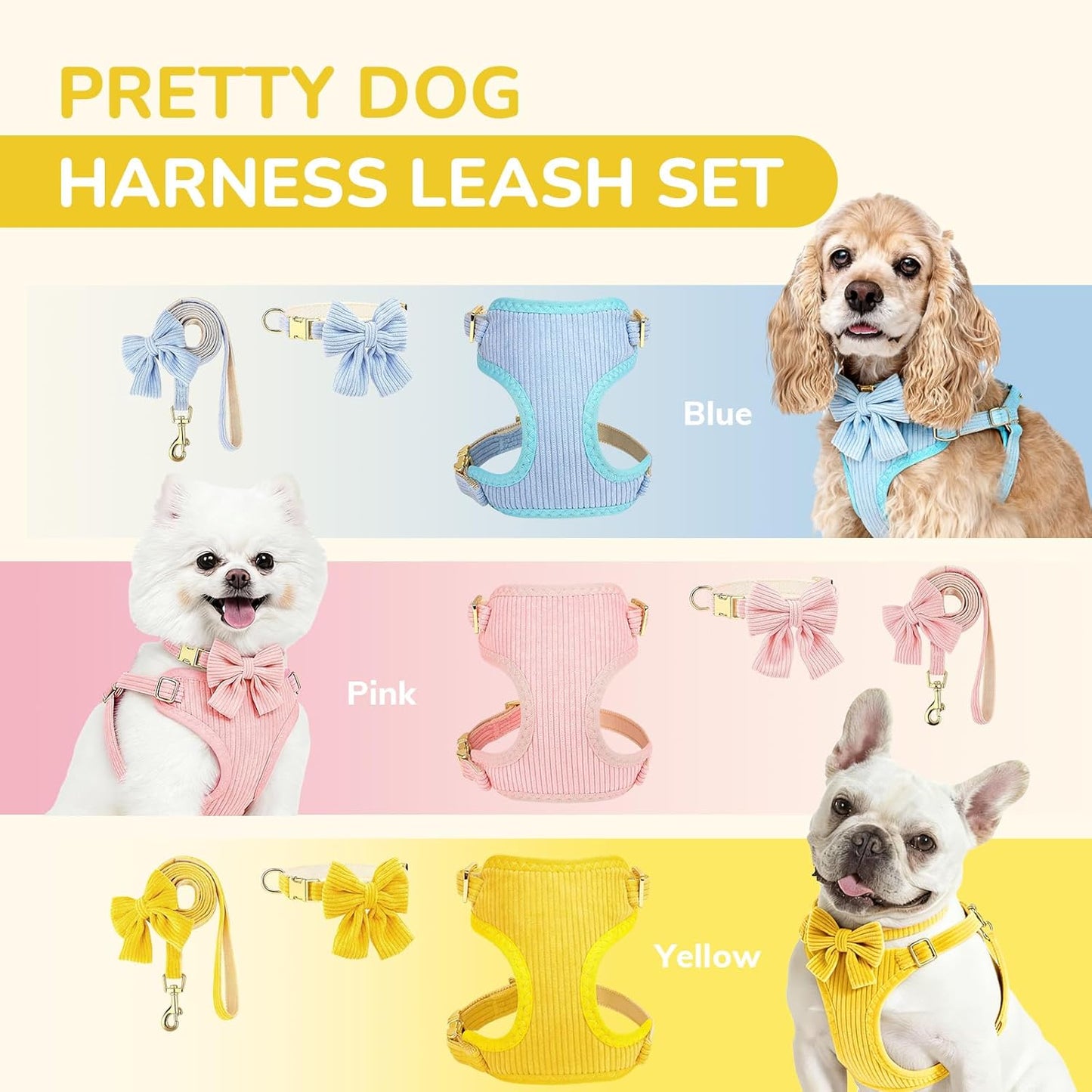 Small Dog Collar Harness and Leash Set, Dog Harness no Pull with Bowtie, Breathable Cotton Adjustable Pet Puppy Harness, Easy Walk Dog Harness, S(14–18.9")