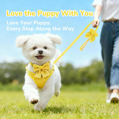 Small Dog Collar Harness and Leash Set, Dog Harness no Pull with Bowtie, Breathable Cotton Adjustable Pet Puppy Harness, Easy Walk Dog Harness, S(14–18.9")