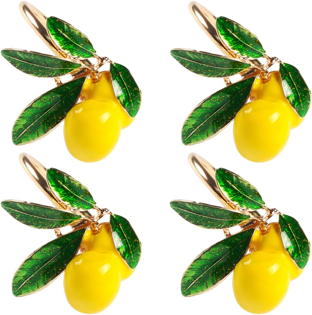 Lemon Napkin Rings Set of 4, Lovely Yellow Decorative Fruit Napkin Ring Holder for Wedding, Dinner Party, Summer Holiday, Table Decorations, Gold