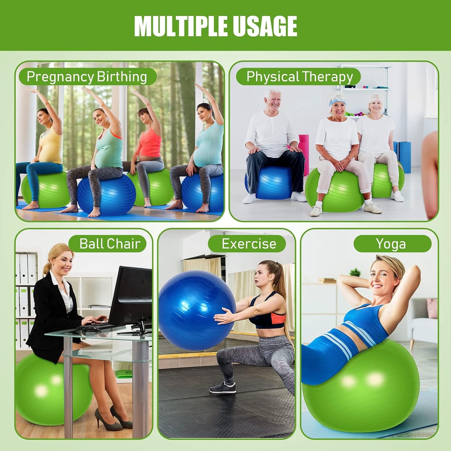 2 Pcs Exercise Ball Yoga Ball with Pump 26 Inches/ 65 cm for Workout Pregnancy Stability Anti Burst Birthing Fitness Improved Posture, Balance, Yoga, Pilates, Training