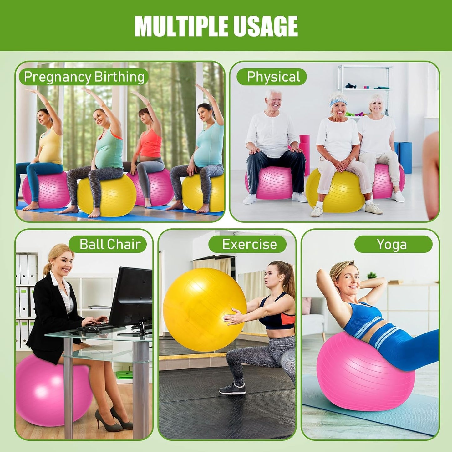 2 Pcs Exercise Ball Yoga Ball with Pump 26 Inches/ 65 cm for Workout Pregnancy Stability Anti Burst Birthing Fitness Improved Posture, Balance, Yoga, Pilates, Training