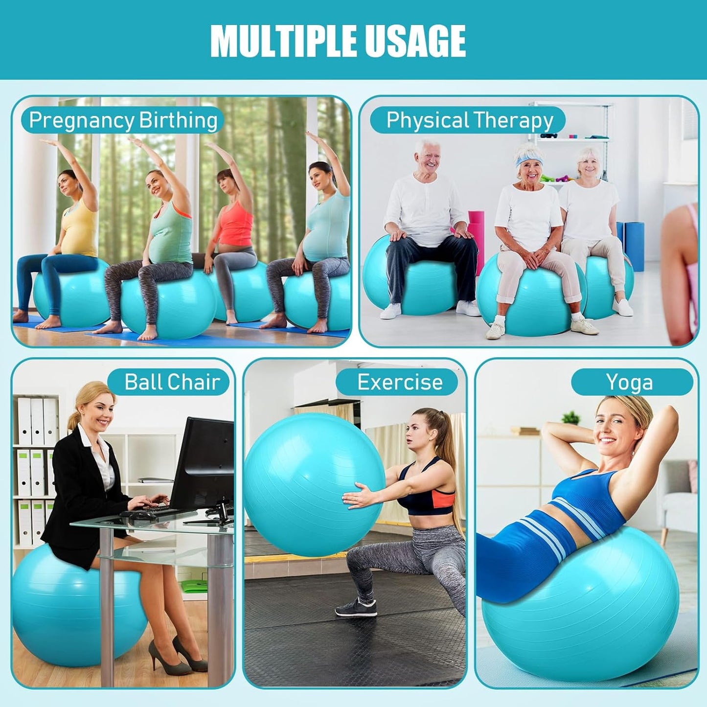 2 Pcs Exercise Ball Yoga Ball with Pump 26 Inches/ 65 cm for Workout Pregnancy Stability Anti Burst Birthing Fitness Improved Posture, Balance, Yoga, Pilates, Training