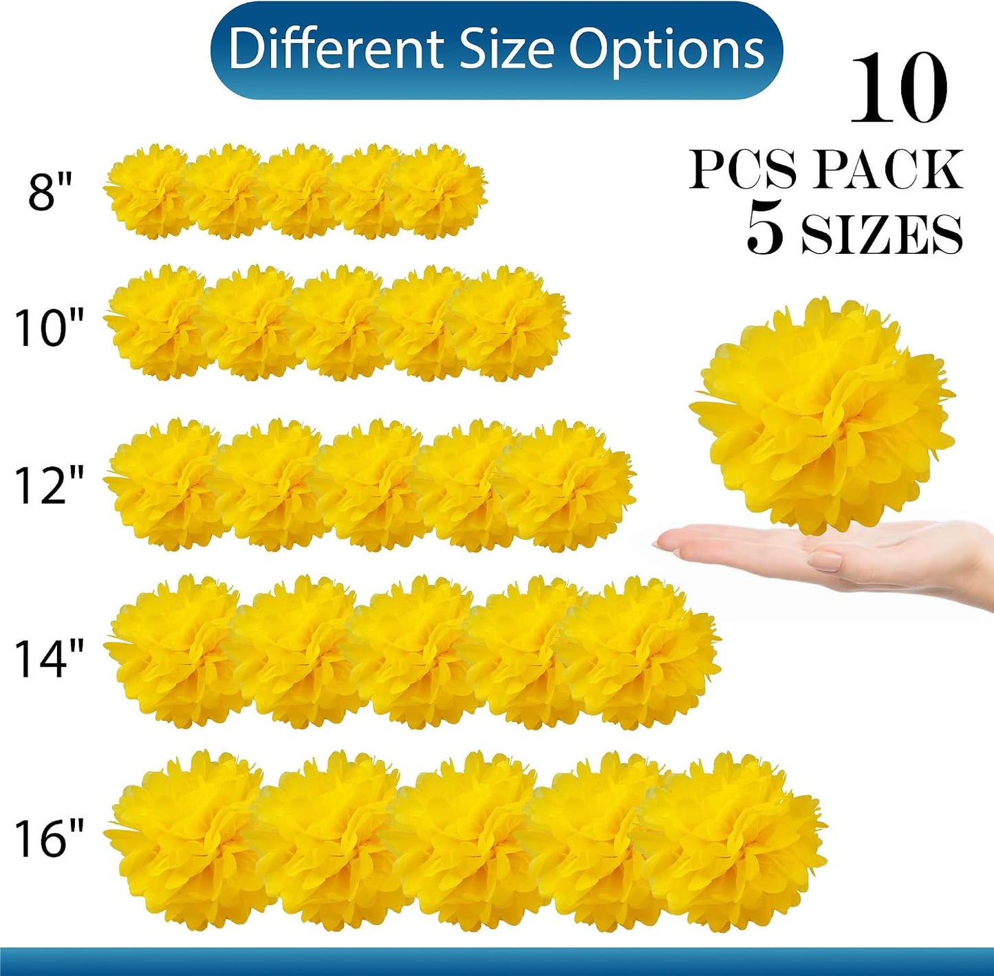 Set of 6 - Yellow 16" - (6 Pack) Tissue Pom Poms Flower Party Decorations for Weddings, Birthday, Bridal, Baby Showers, Nursery, Décor, Halloween