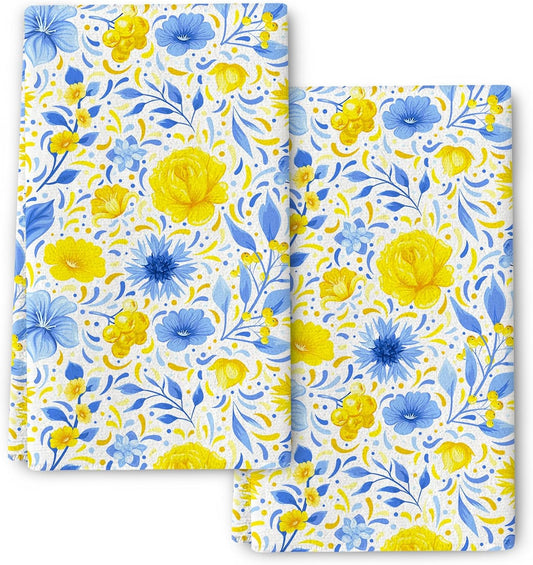 Blue Yellow Flower Kitchen Towels Decorative Set of 2, Watercolor Floral Dish Towels for Kitchen Absorbent Hand Drying Cloth Housewarming Gifts Spring Summer Home Decor 16"x24"