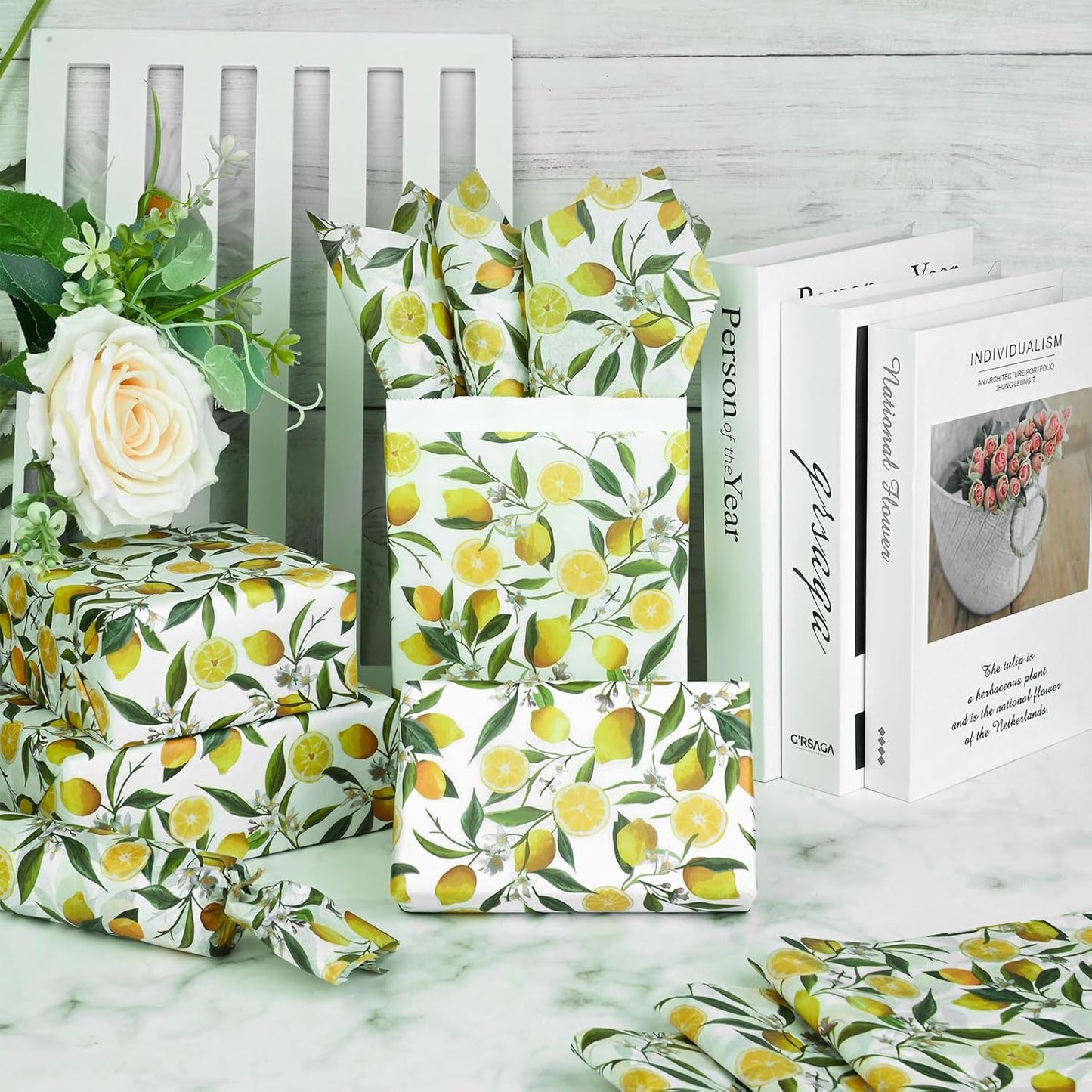 100 Sheets 20 * 14 Inches Lemon Tissue Paper for Gift Wrapping Yellow Citrus Fruit Printed Tissue Paper for Gift Bags for Birthday Baby Shower Summer Spring Holidays DIY Craft