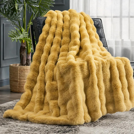 Cozy Bliss Faux Fur Throw Blanket for Couch, Fuzzy Soft Plush Thick Bubble Blanket for Sofa Bedroom Living Room, 50 * 60 Inches Yellow