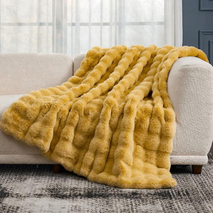 Cozy Bliss Faux Fur Throw Blanket for Couch, Fuzzy Soft Plush Thick Bubble Blanket for Sofa Bedroom Living Room, 50 * 60 Inches Yellow