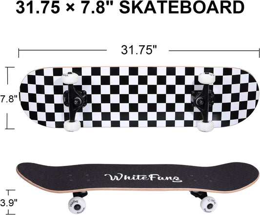 Skateboards for Beginners, Complete Skateboard 31 x 7.88, 7 Layer Canadian Maple Double Kick Concave Standard and Tricks Skateboards for Kids and Beginners