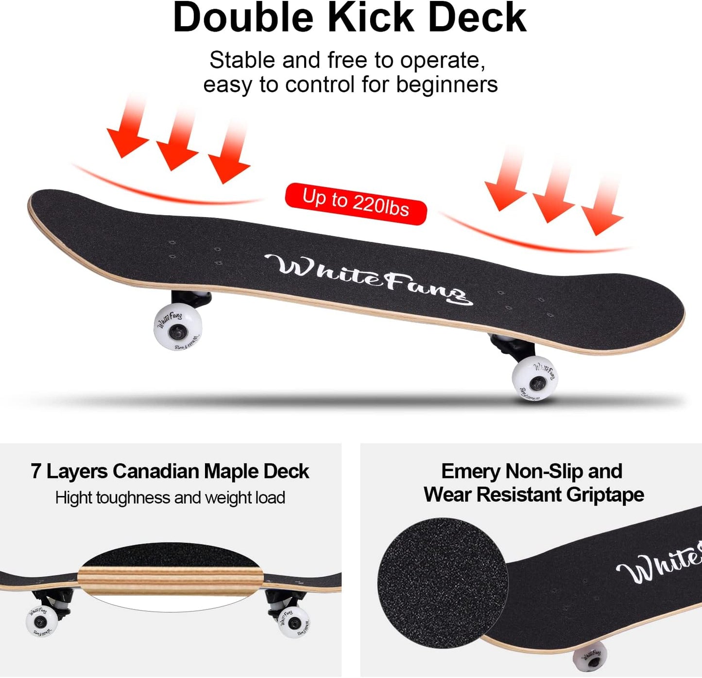 Skateboards for Beginners, Complete Skateboard 31 x 7.88, 7 Layer Canadian Maple Double Kick Concave Standard and Tricks Skateboards for Kids and Beginners