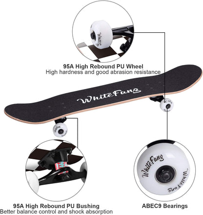Skateboards for Beginners, Complete Skateboard 31 x 7.88, 7 Layer Canadian Maple Double Kick Concave Standard and Tricks Skateboards for Kids and Beginners