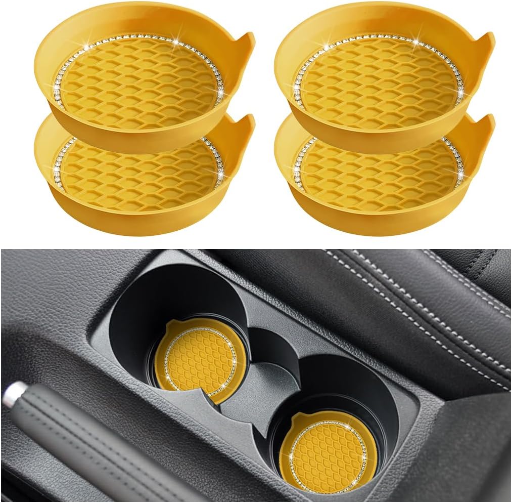 4 Pack Rhinestone Silicone Cup Coasters, Yellow | anti-slip cushioning, side pull handle, rinse-clean care, fits most car cup holders, interior accessory