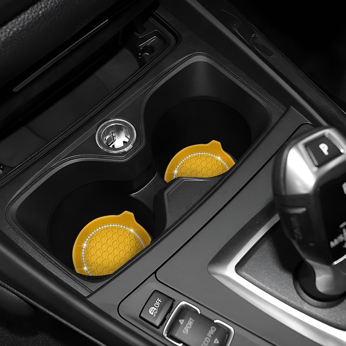 4 Pack Rhinestone Silicone Cup Coasters, Yellow | anti-slip cushioning, side pull handle, rinse-clean care, fits most car cup holders, interior accessory