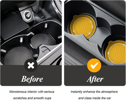 4 Pack Rhinestone Silicone Cup Coasters, Yellow | anti-slip cushioning, side pull handle, rinse-clean care, fits most car cup holders, interior accessory