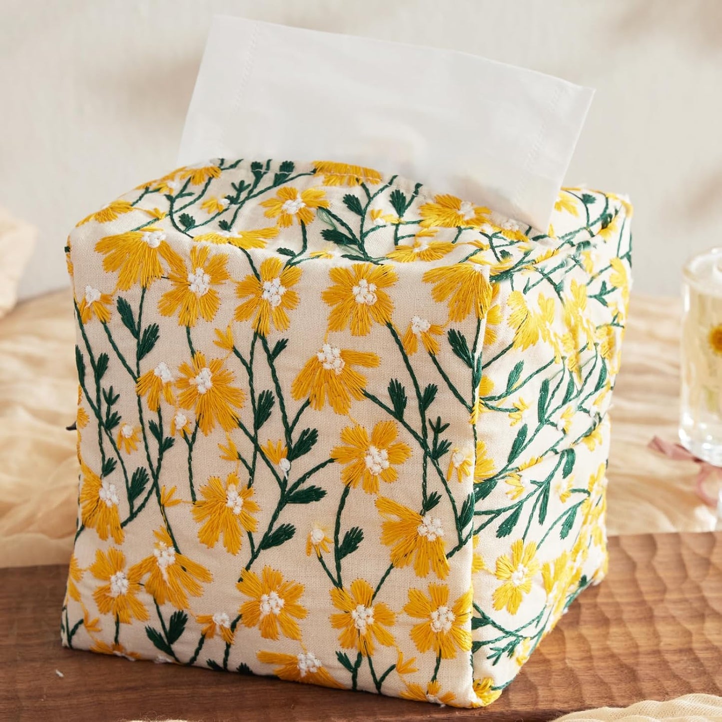 Hausfrau Tissue Box Cover Square, Floral Linen Tissue Box Holder Decorative Cute Cube Napkin Holder for Living Room, Bathroom, Bedroom or Office, Embroidered Jacquard Yellow Daisy
