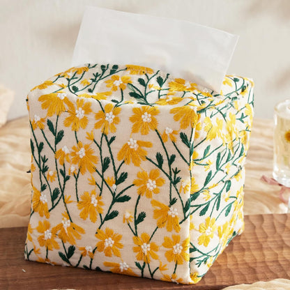 Hausfrau Tissue Box Cover Square, Floral Linen Tissue Box Holder Decorative Cute Cube Napkin Holder for Living Room, Bathroom, Bedroom or Office, Embroidered Jacquard Yellow Daisy