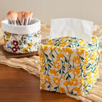 Hausfrau Tissue Box Cover Square, Floral Linen Tissue Box Holder Decorative Cute Cube Napkin Holder for Living Room, Bathroom, Bedroom or Office, Embroidered Jacquard Yellow Daisy