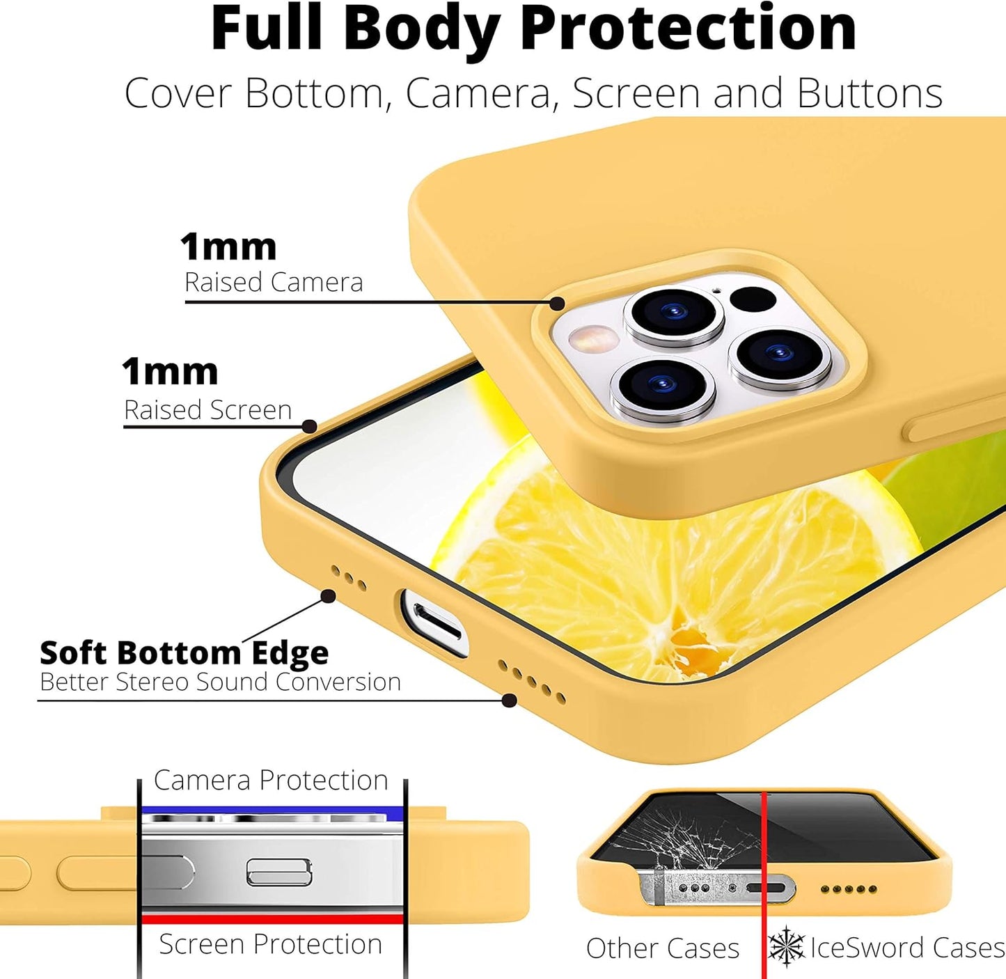 iPhone 12 and 12 Pro Case 6.1" (2020) - Liquid Silicone With Soft Microfiber Cloth, Bright Lemon Sunflower Citron Butter Cute Design, Gel Rubber Drop Protective Shockproof - Yellow