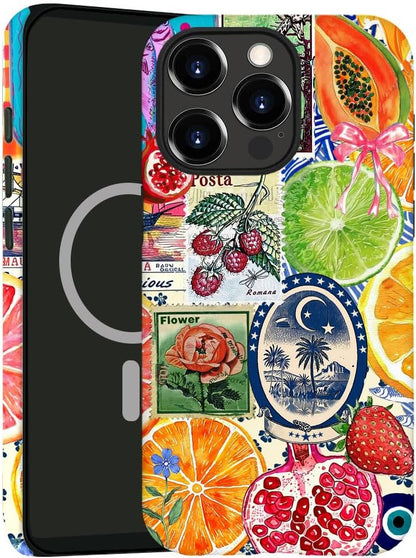 Magnetic Case for iPhone 16 Pro,Hybrid 2-Layer Hard Shell,Shockproof for Girl Women [Compatible with MagSafe] - European Lemon Stamp Collage