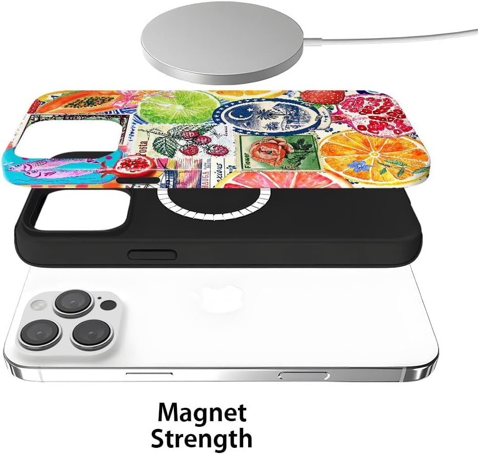 Magnetic Case for iPhone 16 Pro,Hybrid 2-Layer Hard Shell,Shockproof for Girl Women [Compatible with MagSafe] - European Lemon Stamp Collage