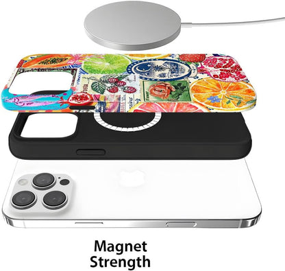 Magnetic Case for iPhone 16 Pro,Hybrid 2-Layer Hard Shell,Shockproof for Girl Women [Compatible with MagSafe] - European Lemon Stamp Collage