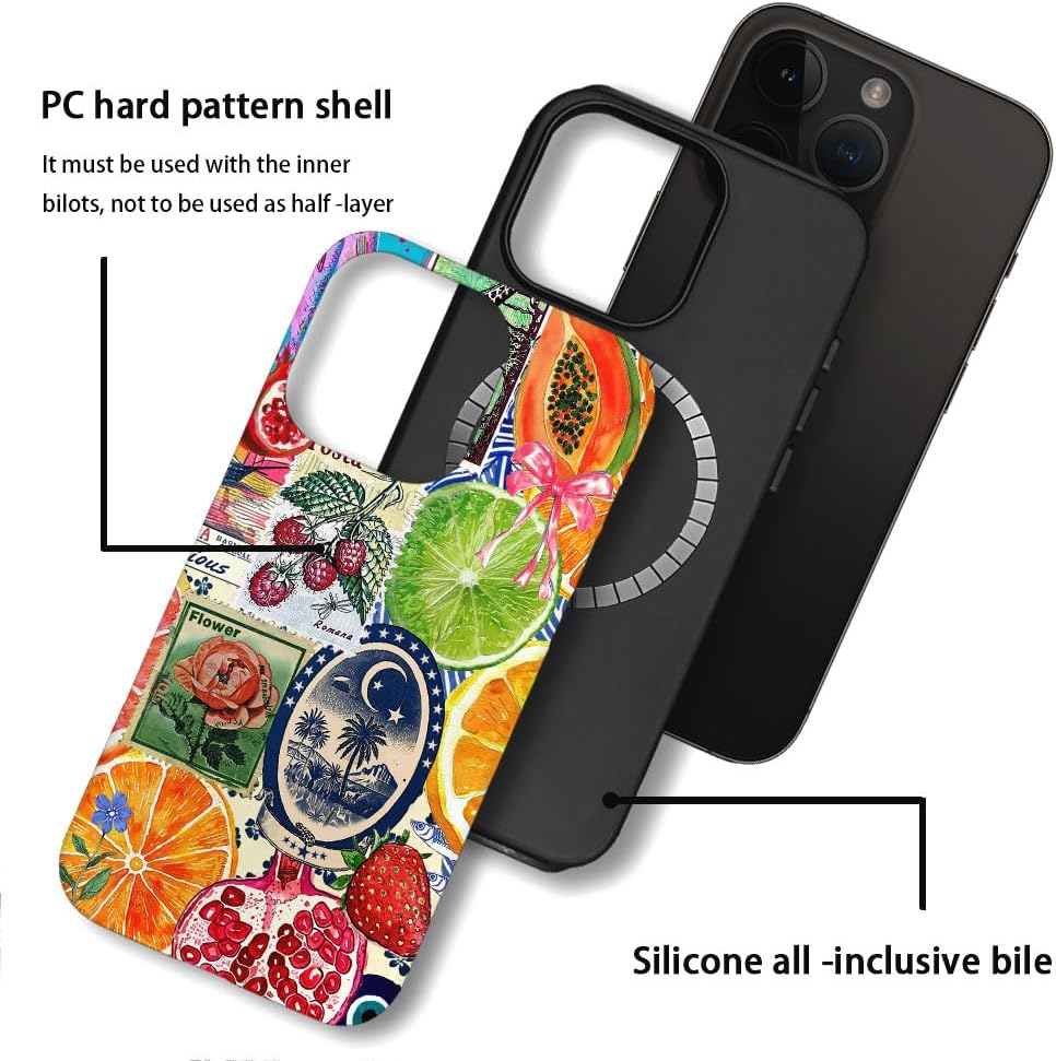 Magnetic Case for iPhone 16 Pro,Hybrid 2-Layer Hard Shell,Shockproof for Girl Women [Compatible with MagSafe] - European Lemon Stamp Collage