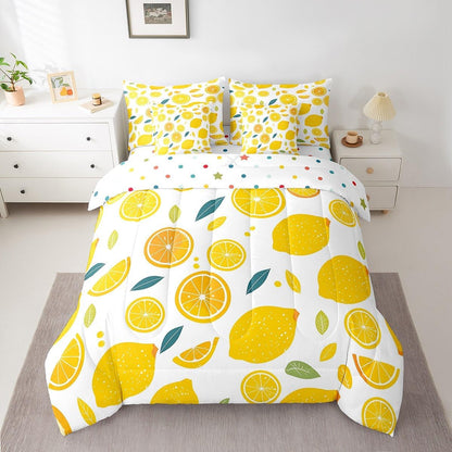 Cute Lemon Kids Comforter Set with Sheets,Boys Girls Queen Size,Fun Vegetable 7 Piece Bedding Set,Cartoon Farmhouse Lifestyle Design Bed in a Bag,Yellow Large Lemon All Season Bedroom Decor