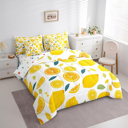 Cute Lemon Kids Comforter Set with Sheets,Boys Girls Queen Size,Fun Vegetable 7 Piece Bedding Set,Cartoon Farmhouse Lifestyle Design Bed in a Bag,Yellow Large Lemon All Season Bedroom Decor
