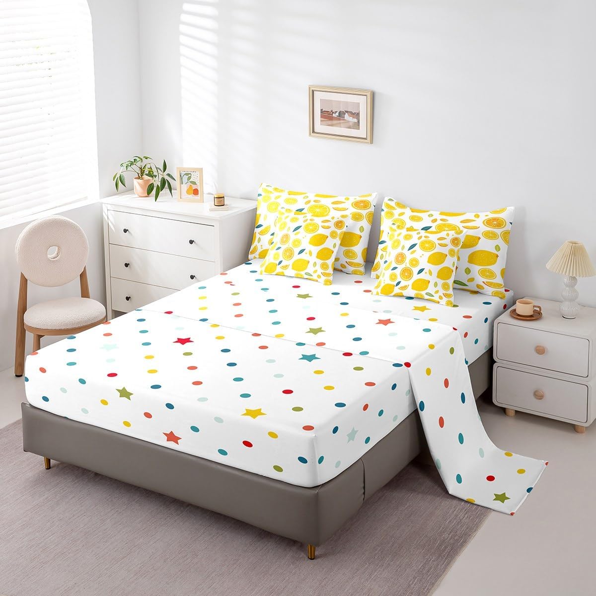 Cute Lemon Kids Comforter Set with Sheets,Boys Girls Queen Size,Fun Vegetable 7 Piece Bedding Set,Cartoon Farmhouse Lifestyle Design Bed in a Bag,Yellow Large Lemon All Season Bedroom Decor