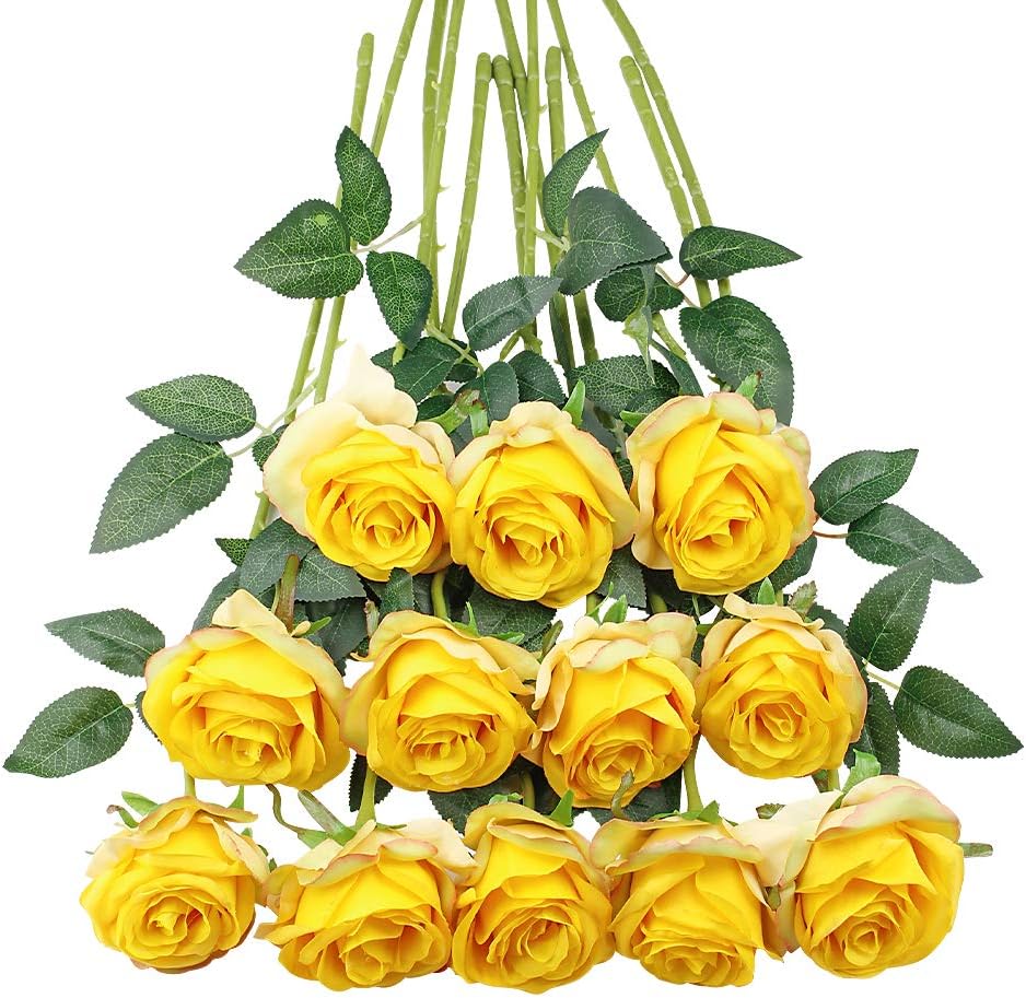 12Pcs Roses Realistic Long Stem Fake Silk Artificial Flowers Yellow | Realistic Long Stem Fake Silk Roses Bouquet for Party Home Wedding Centerpiece Office DIY Decor