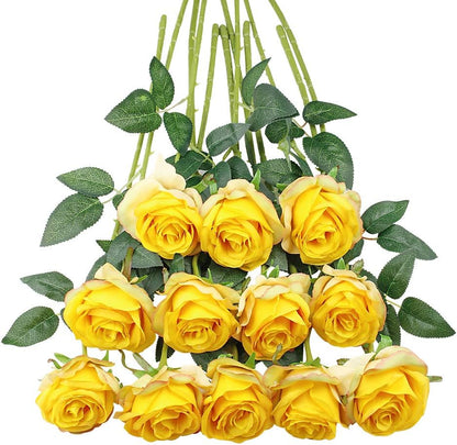 12Pcs Roses Realistic Long Stem Fake Silk Artificial Flowers Yellow | Realistic Long Stem Fake Silk Roses Bouquet for Party Home Wedding Centerpiece Office DIY Decor