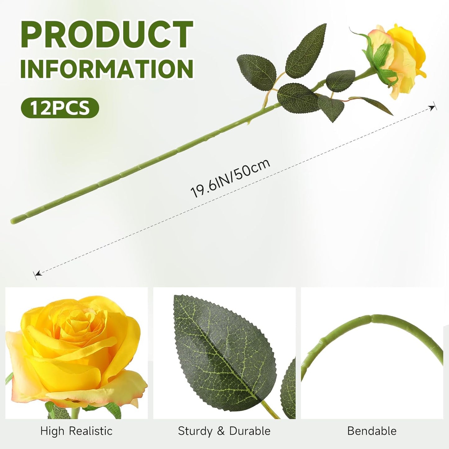 12Pcs Roses Realistic Long Stem Fake Silk Artificial Flowers Yellow | Realistic Long Stem Fake Silk Roses Bouquet for Party Home Wedding Centerpiece Office DIY Decor
