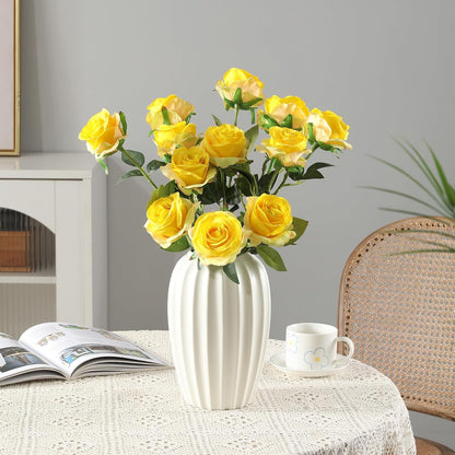 12Pcs Roses Realistic Long Stem Fake Silk Artificial Flowers Yellow | Realistic Long Stem Fake Silk Roses Bouquet for Party Home Wedding Centerpiece Office DIY Decor