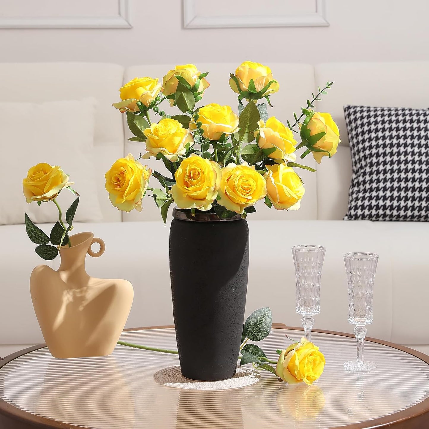 12Pcs Roses Realistic Long Stem Fake Silk Artificial Flowers Yellow | Realistic Long Stem Fake Silk Roses Bouquet for Party Home Wedding Centerpiece Office DIY Decor